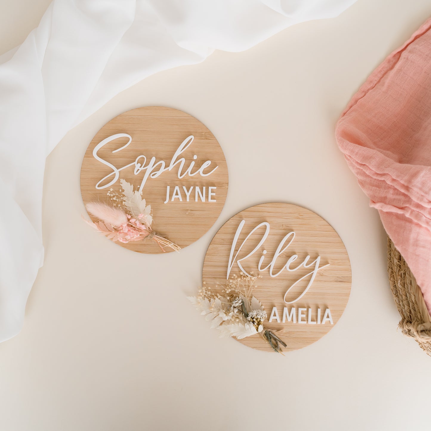 Bamboo Birth Plaque with Dried Flower Bouquet Acrylic baby Miss Ali's