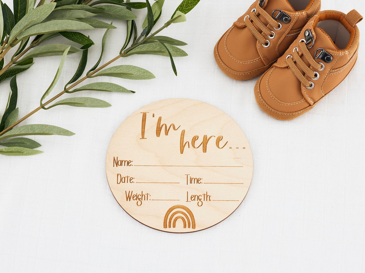 Engraved Birth Announcement - Fill in the details Miss Ali's I'm here Rainbow