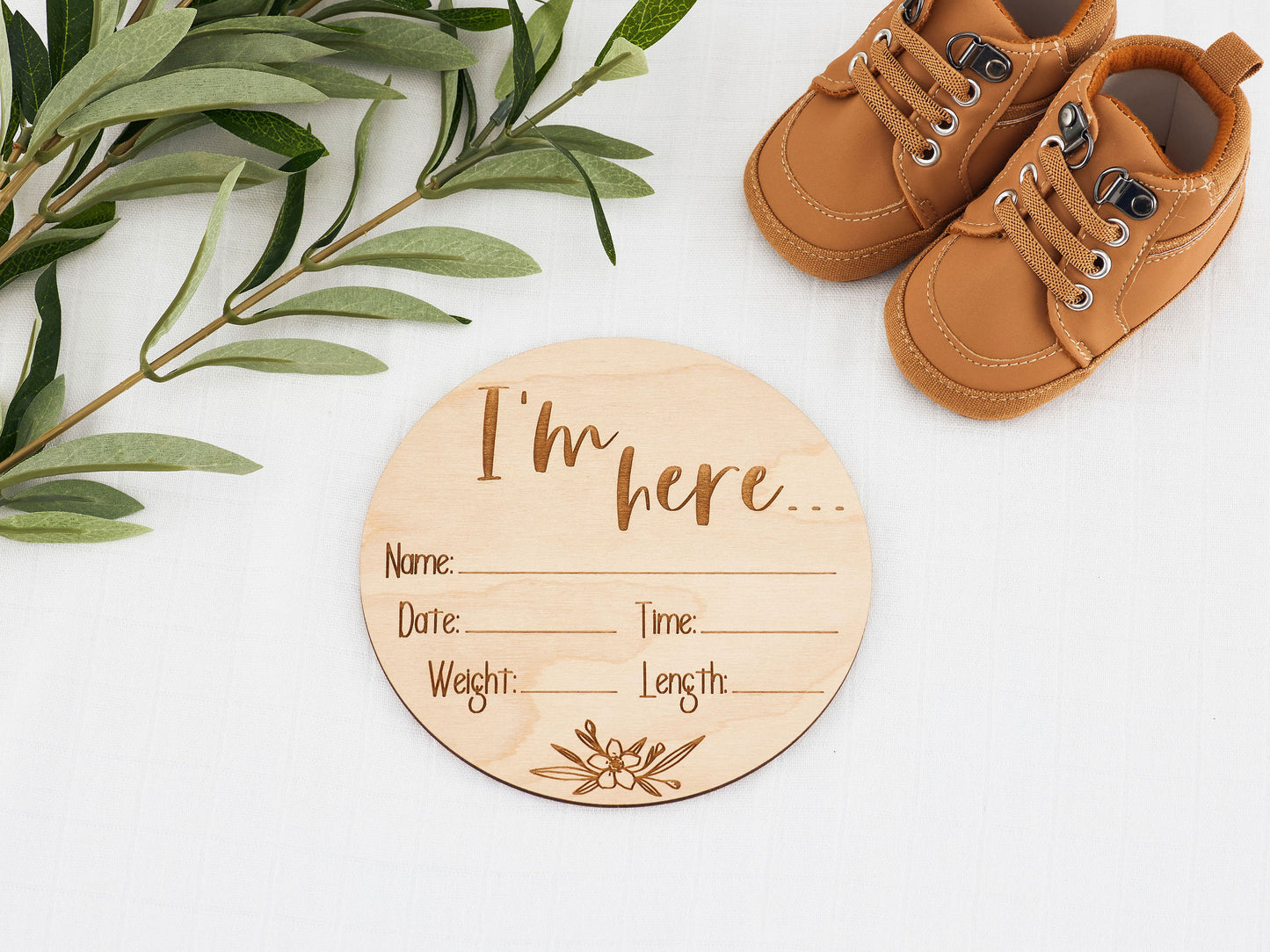 Engraved Birth Announcement - Fill in the details Miss Ali's I'm here Floral