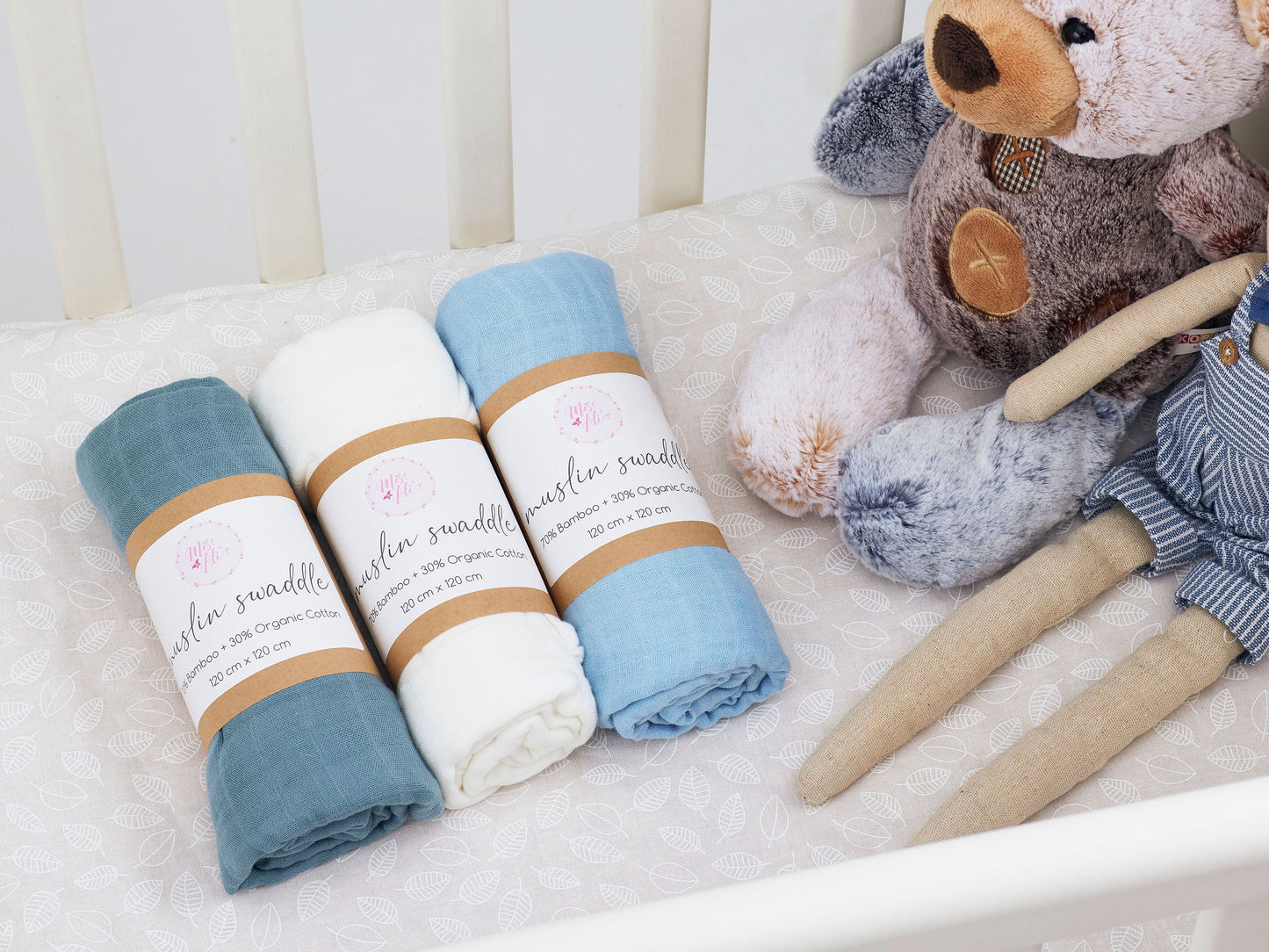 Set of 3 Blue Tones - Bamboo + Organic Cotton Muslin Swaddle Miss Ali's