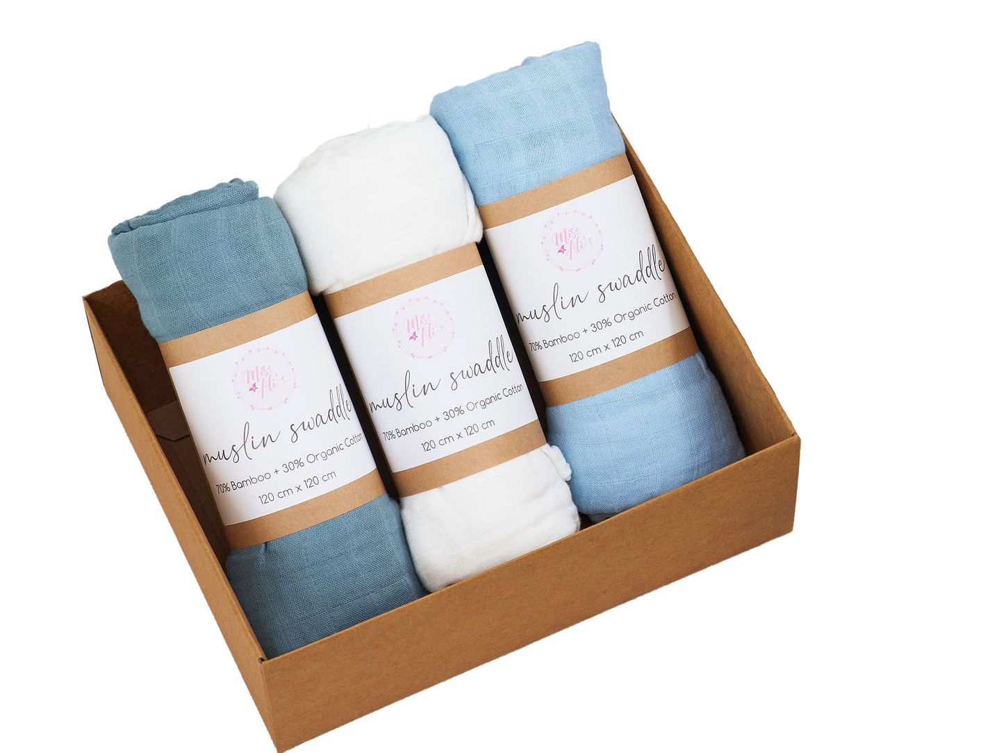 Set of 3 Blue Tones - Bamboo + Organic Cotton Muslin Swaddle Miss Ali's
