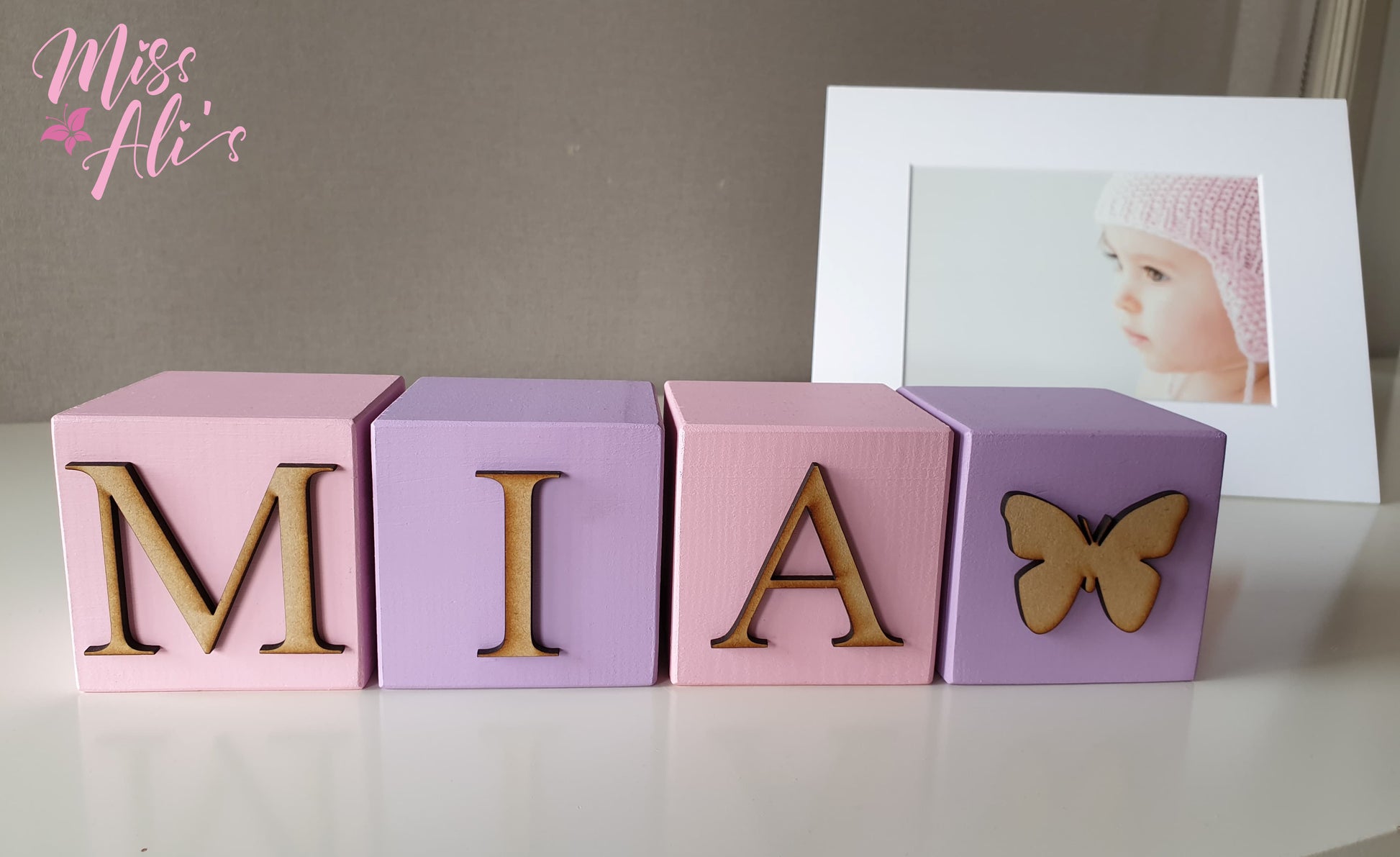 Coloured Personalised Baby Name Blocks painted blocks Miss Ali's   