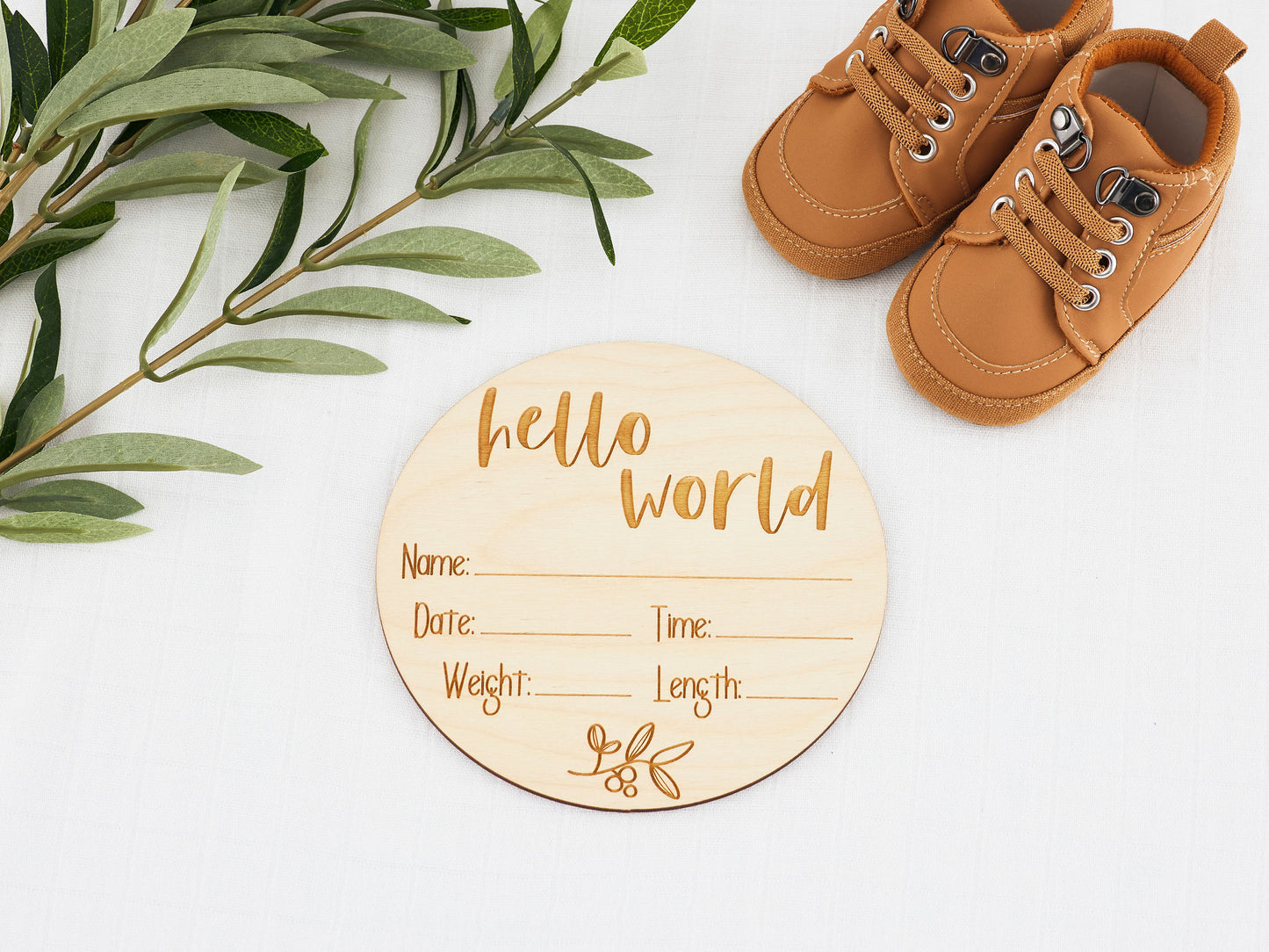 Engraved Birth Announcement - Fill in the details  Miss Ali's hello world Leaf 